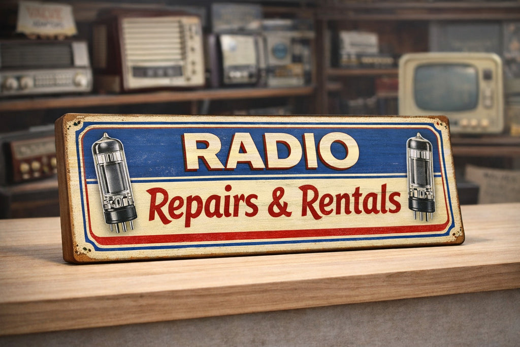 wireless radio sign vintage radios repairs & rentals 28cm wooden sign valves