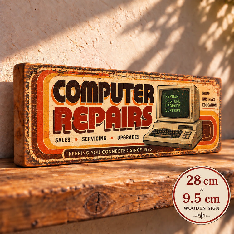 Computer Sign Retro Vintage Style wooden OLD COMPUTERS 28cm