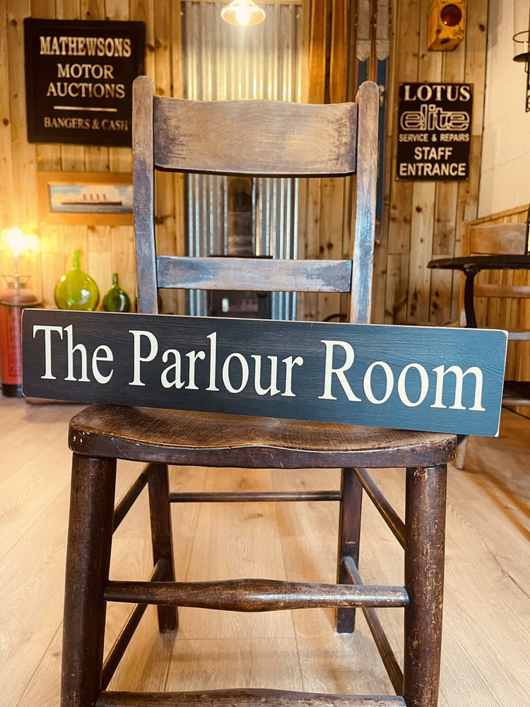 the parlour room wooden vintage sign
