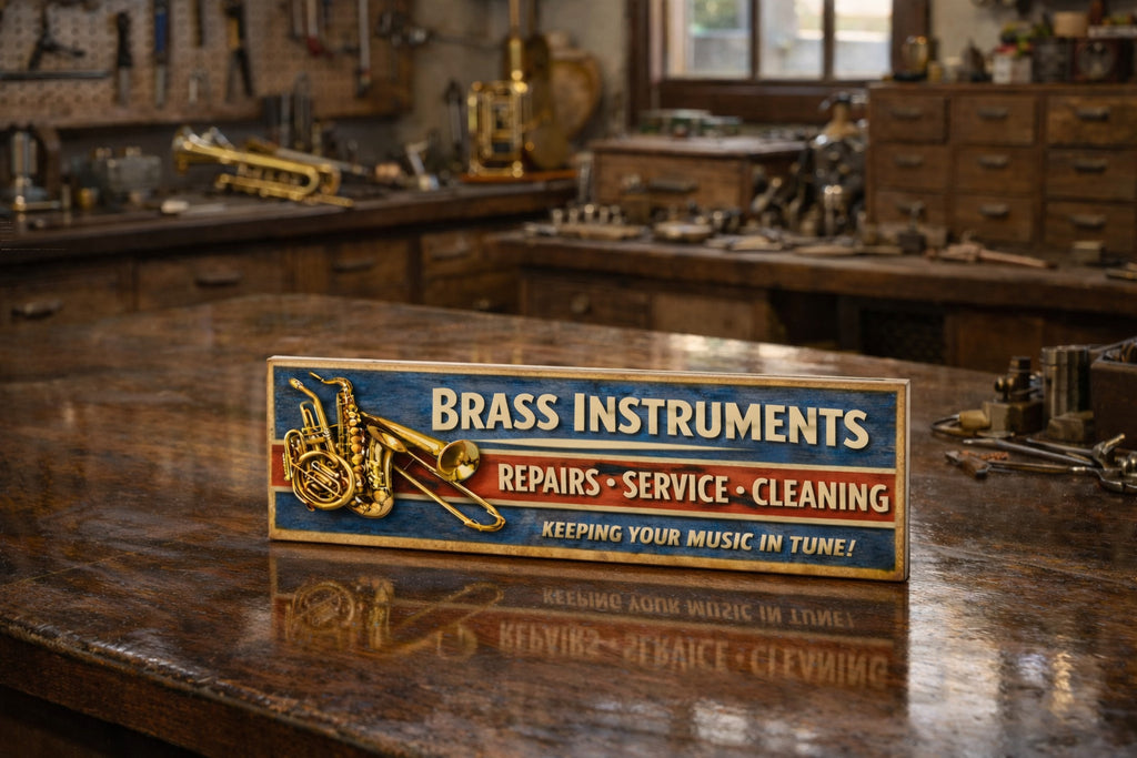 Brass instruments sign vintage style 28cm horns trumpets trombone saxophone wood