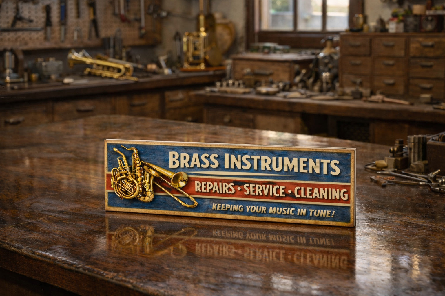 Brass instruments sign vintage style 28cm horns trumpets trombone saxophone wood