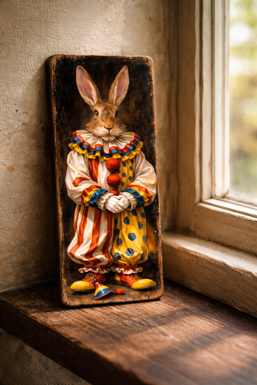 Hare Clown  Art wooden plaque Vintage Animal Wall Art Rabbits Bunny circus 28cm