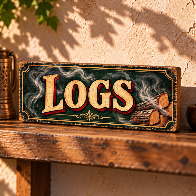 Logs Sign wood 28cm Plaque Firewood Log Store Basket Fireplace Stove Shed Decor