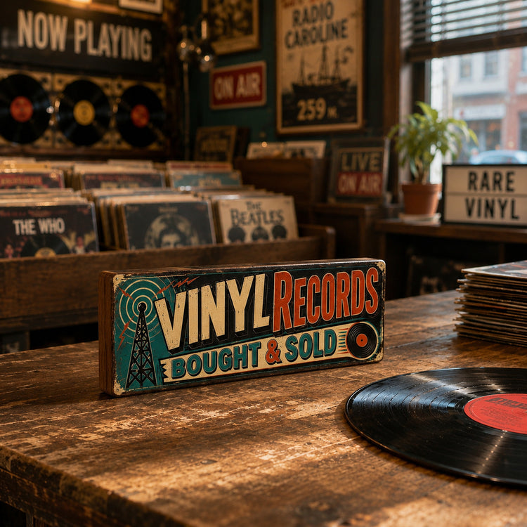 Vinyl Records Bought & Sold Wooden Sign Record Shop Display Retro LP,s VINYL