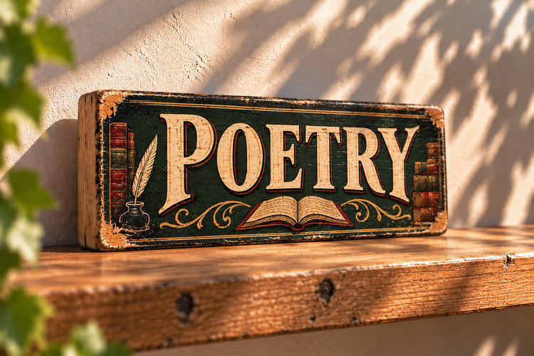 Poetry Book Sign Library Vintage Style Wooden Sign Bookshop Reading