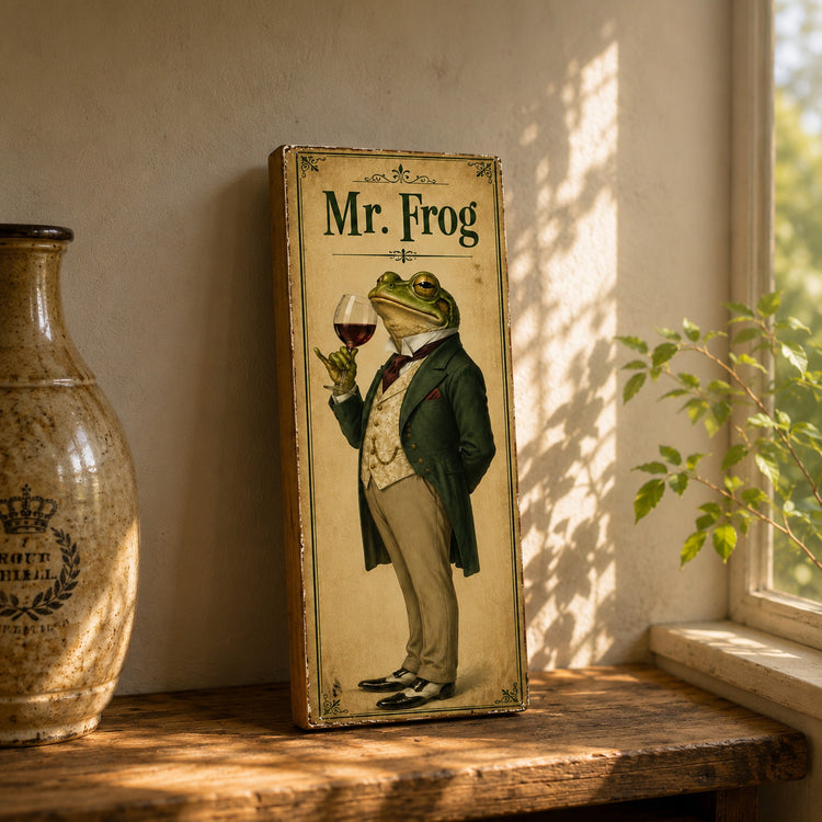 Frogs art sign wooden sign Red Wine French vintage style Pond Life 28cm Mr Frog