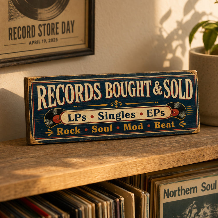 Records Bought & Sold Wooden Sign Record Shop Vinyl Display Retro LPs 45s CDS