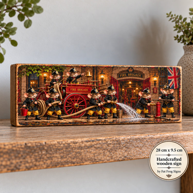 Mouse Art Fire Brigade scene Wooden Sign Cottage Cosy Wall Art Mice Vintage