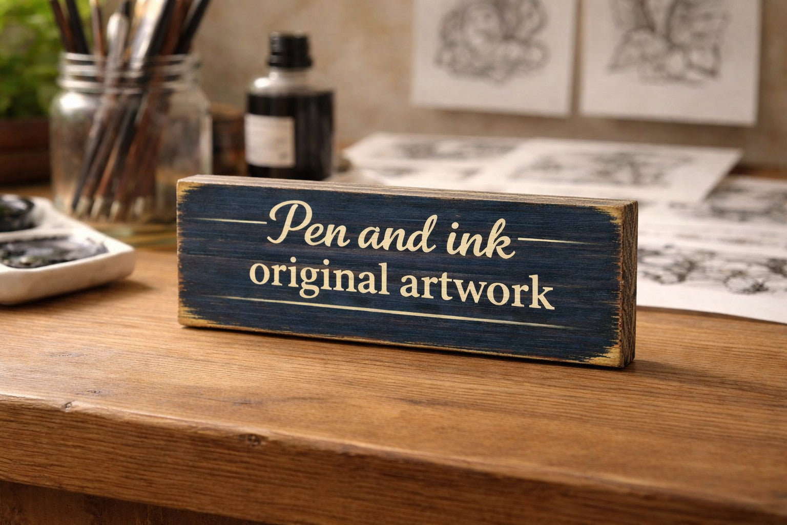 Pen & Ink original art Wooden Sign display signs Pen and Ink