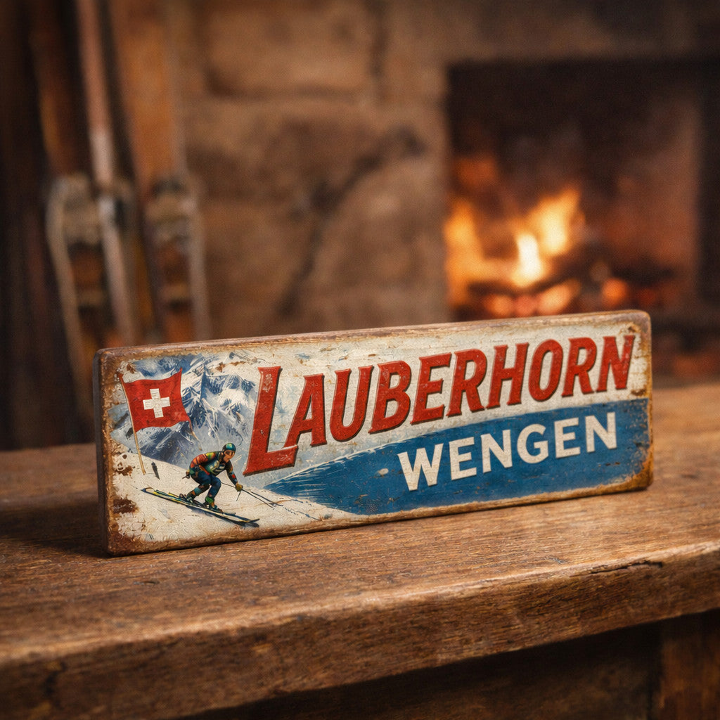 Ski sign Lauberhorn wengen wooden ski slope signs skiing apres ski