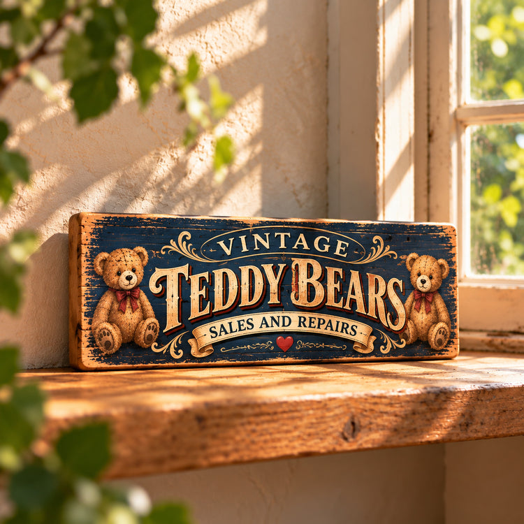 Vintage Teddy Bears Sign Sales & Repairs Wooden Retro Signs Antique Collector