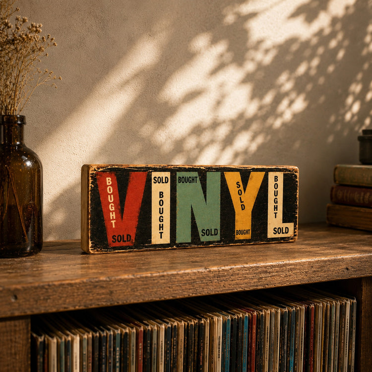 VINYL RECORDS BOUGHT AND SOLD vinyl records wooden sign 28cm