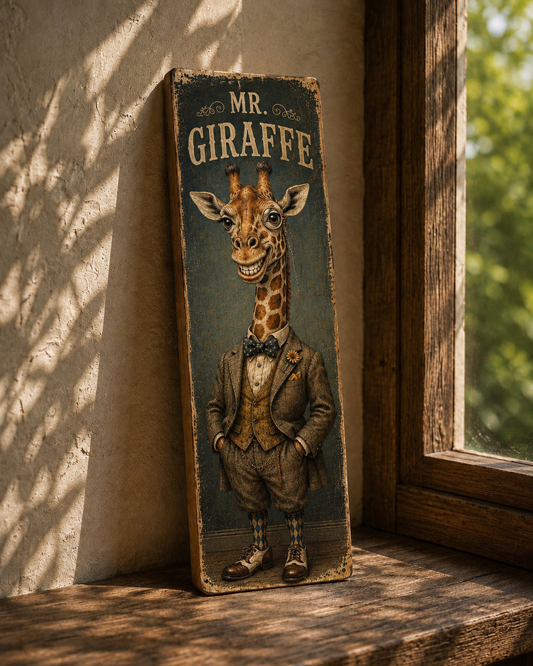 Mr Giraffe wooden sign vintage style Zoo Animals GIRAFFE ART 28cm