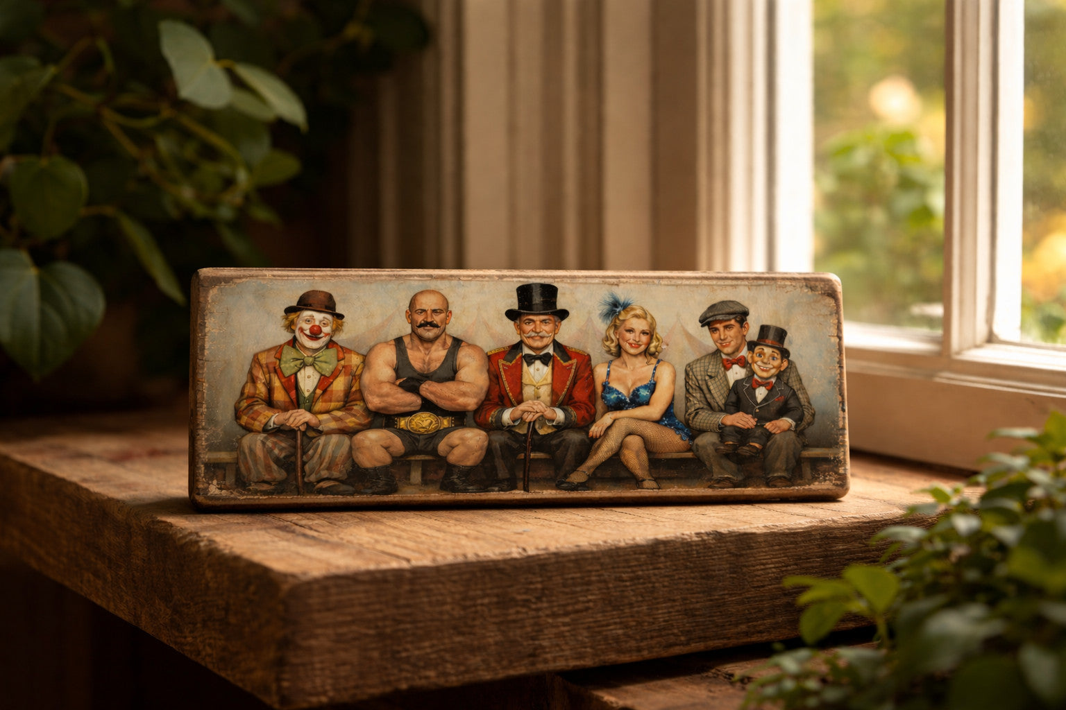 Circus wooden plaque vintage style performers fairground CIRCUS Clown Stron Man