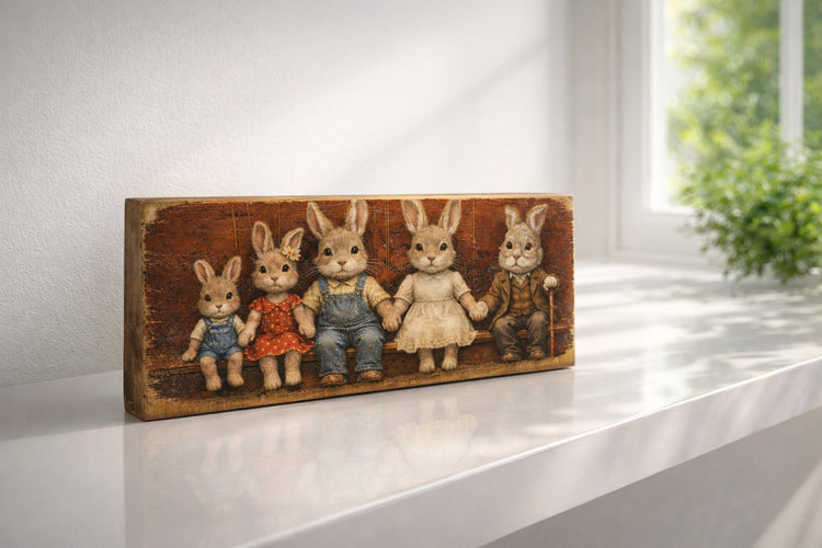 Rabbit print on wood vintage style original pints RABBIT bunny  rabbits