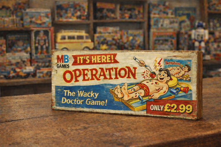 Operation game sign classic 70s inspired advertising signs 28cm wooden