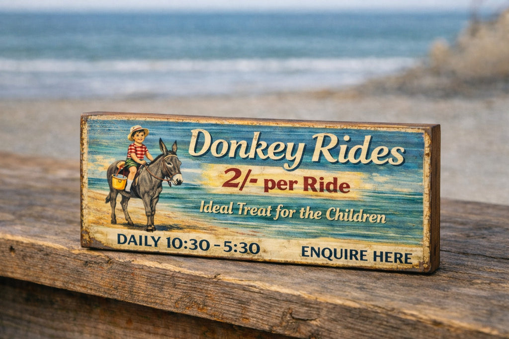 Donkey Rides vintage style sign seaside punch & Judy wooden 28cm 60s 70s