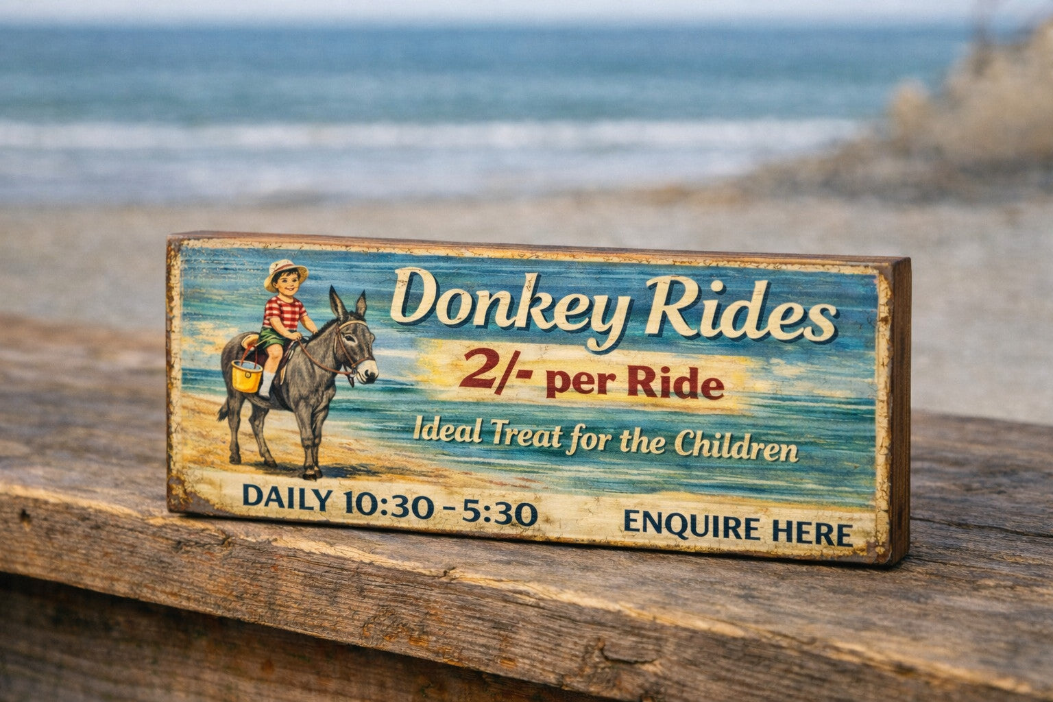 Donkey Rides vintage style sign seaside punch & Judy wooden 28cm 60s 70s