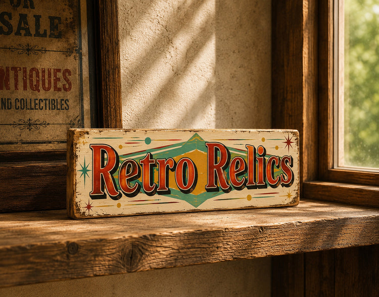 Retro Sign Vintage style signs RETRO RELICS Antiques Curios 28cm
