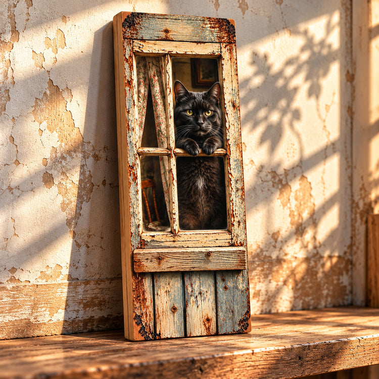 Cat Art Plaque Vintage style Wooden  Black Cats Cottage Window Kittens