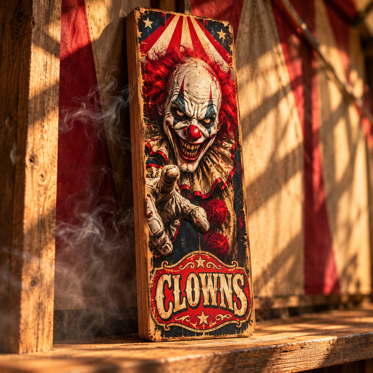Clown Sign wooden plaque vintage style fairground CIRCUS Clowns Horror