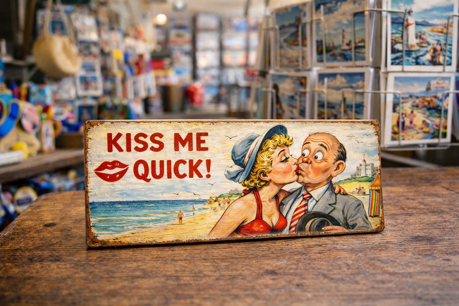 Kiss me quick sign vintage 50s 60s style Beach Postcards Holiday old style wood