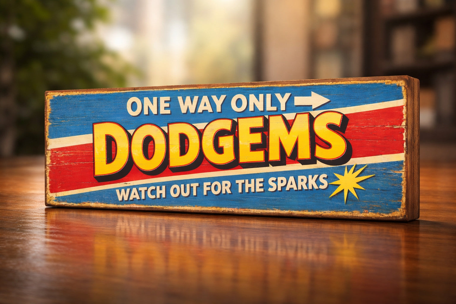 Dodgems Wood Funfair Sign Vintage Style Sign 28cm Wooden Fairground Bumper Cars