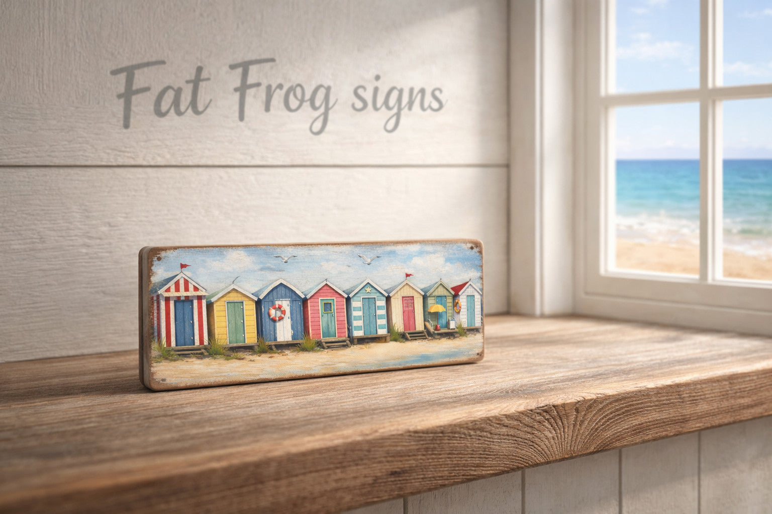 Beach Hut print sign plaque seaside wooden signs 28cm BEACH HUT bathroom