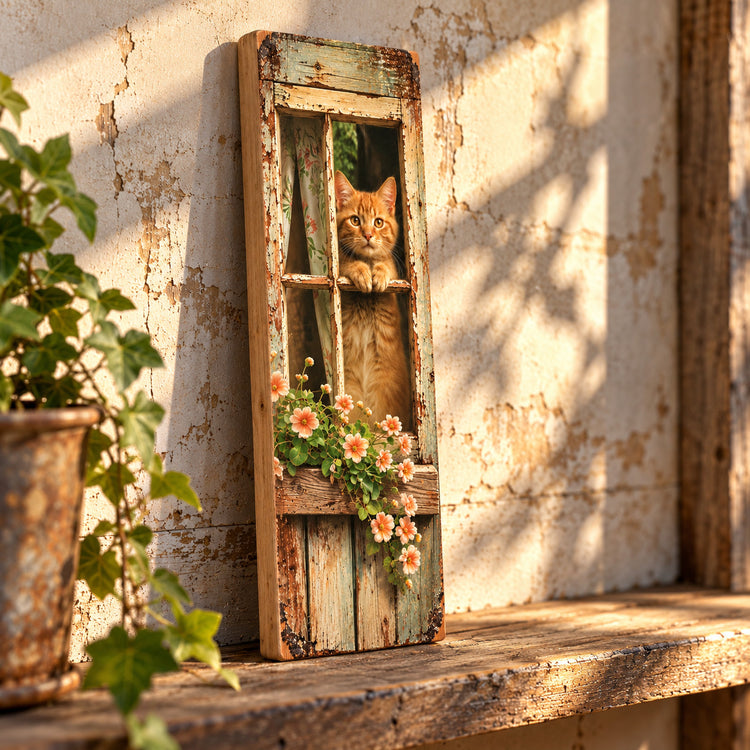 Cat Art Plaque Vintage style Wooden Ginger Cats Cottage Window Kittens