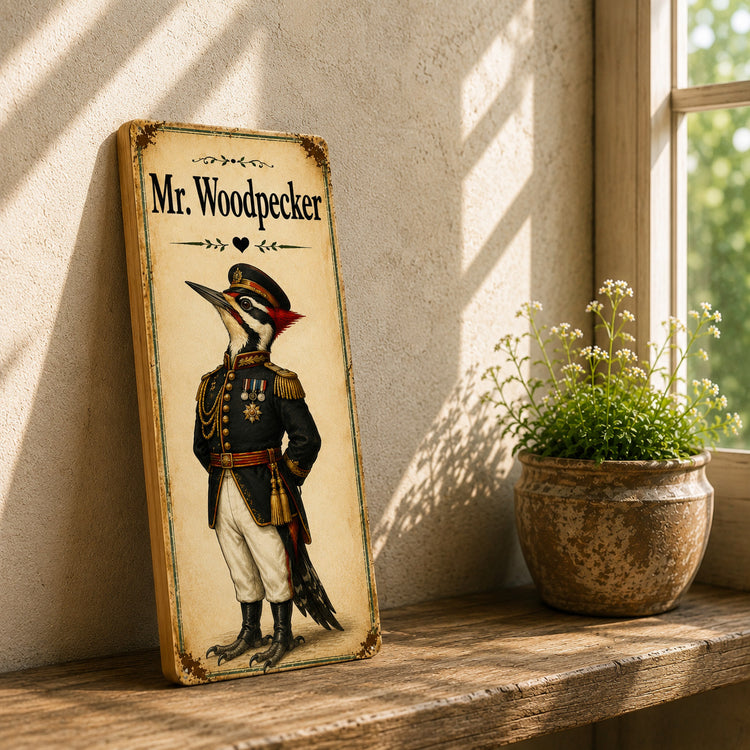 Mr Woodpecker wooden sign vintage style Woodland Animal Bird Art Woodpecker 28cm