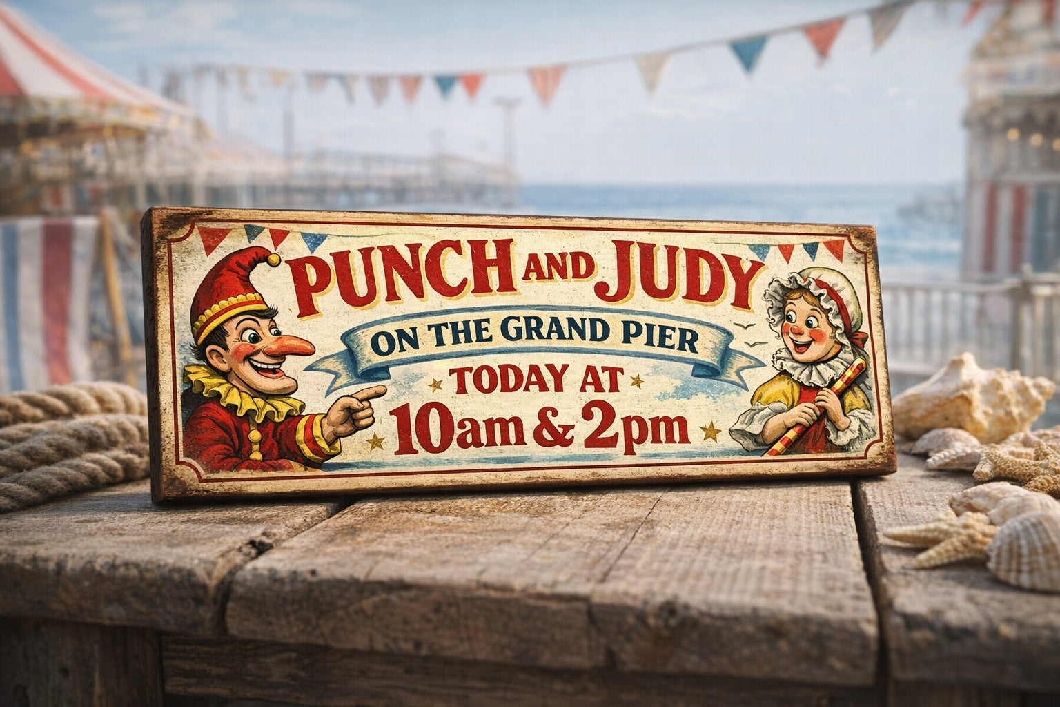 Punch & Judy sign vintage style seaside puppets old grand pier signs wooden 28cm