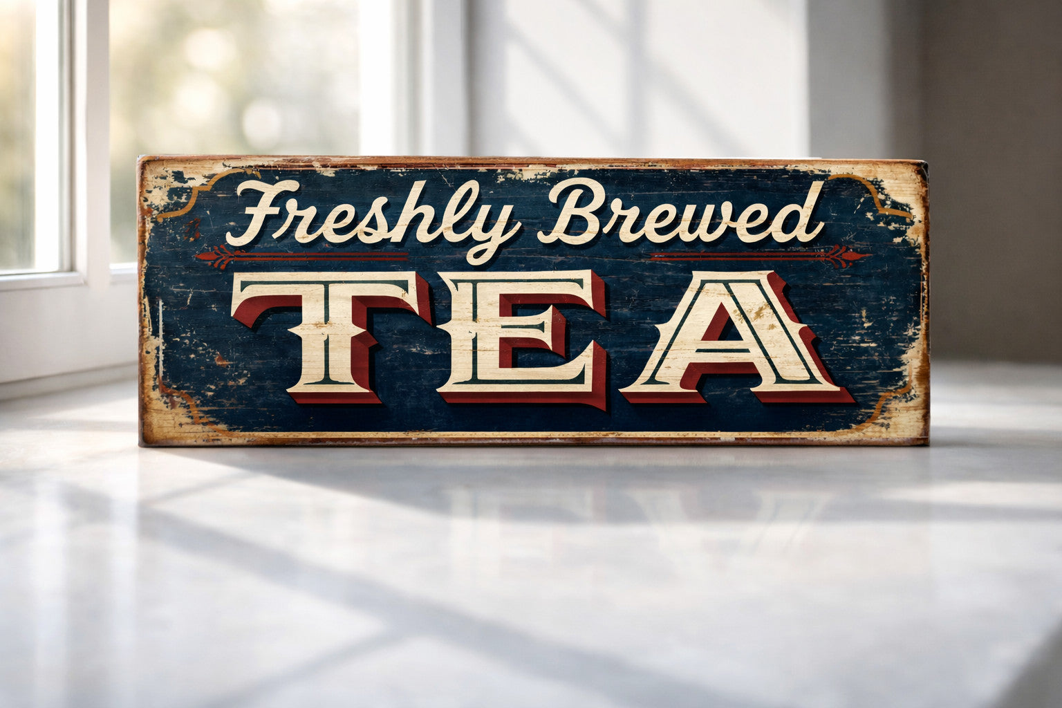 Freshly Brewed Tea Sign Vintage Kitchen Cafe Barista Retro Wooden Wall Plaque