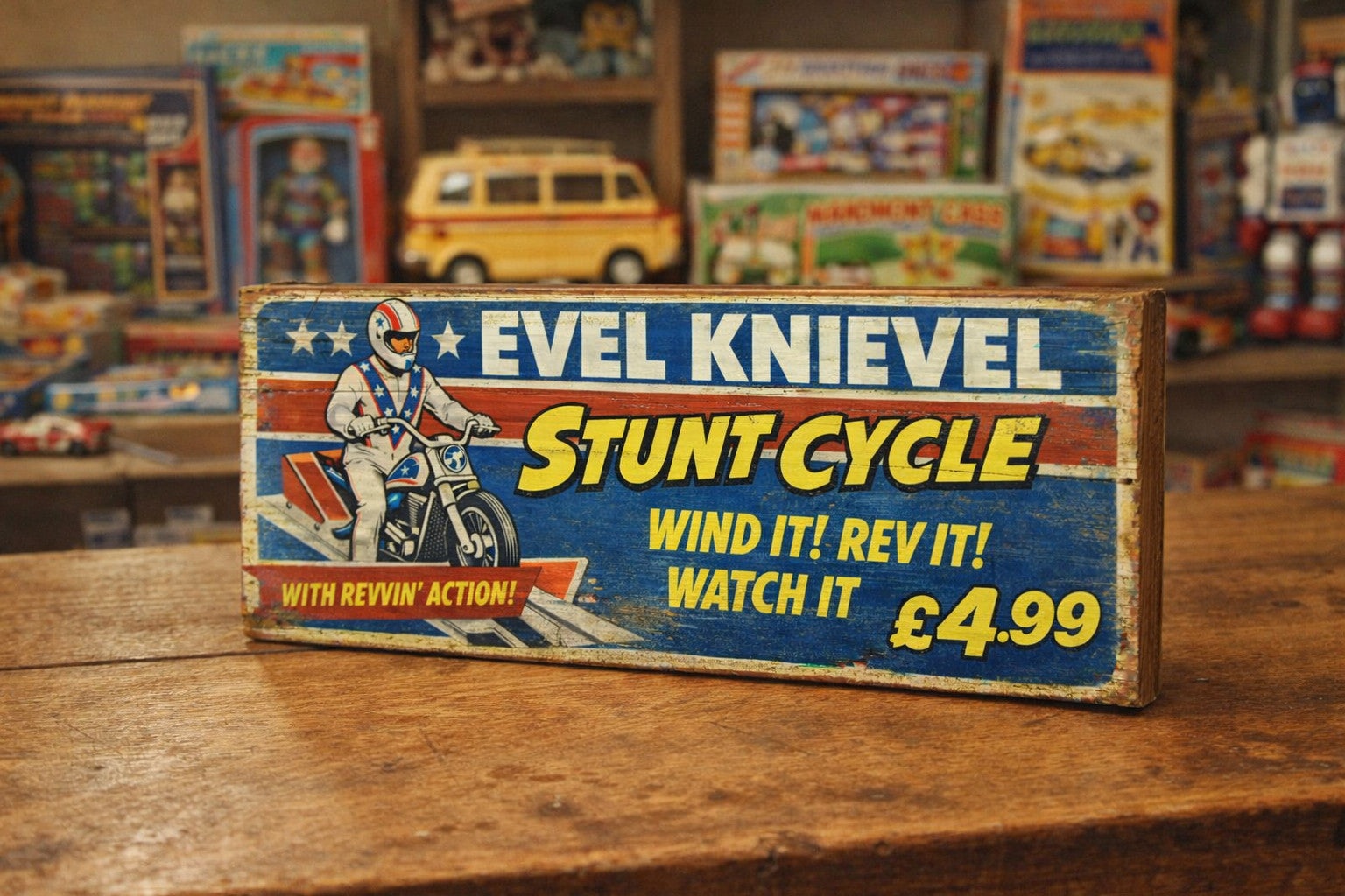 Evel Knievel sign inspired vintage toy shop signs wooden advertising stunt cycle