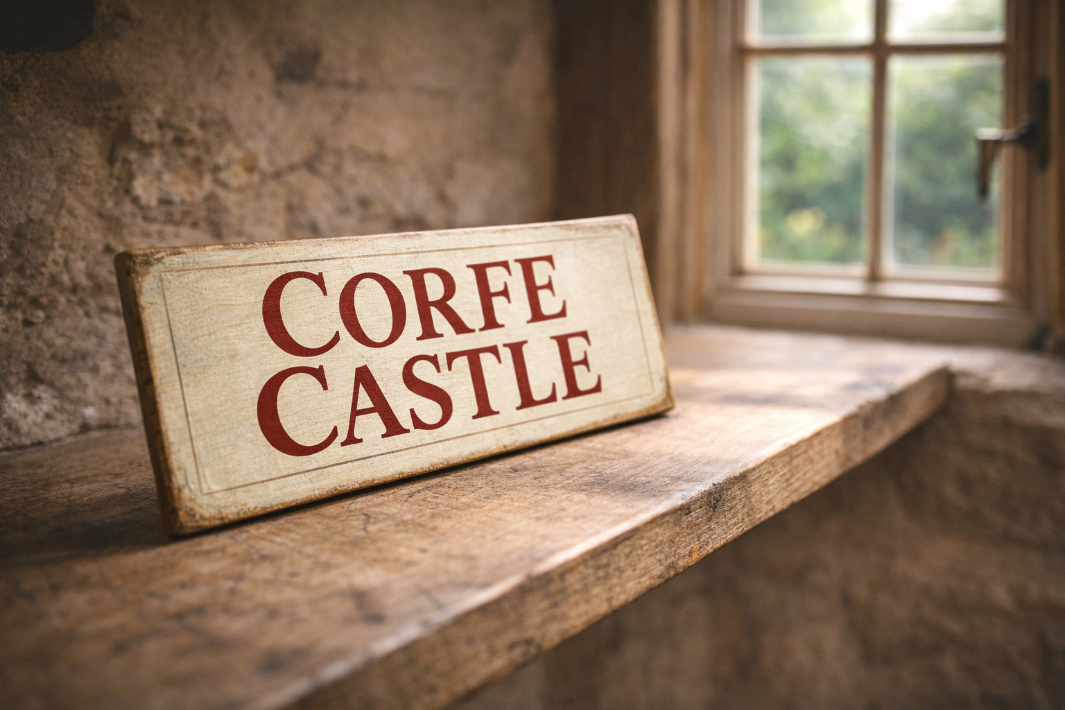 Corfe Castle plaque sign vintage style Swanage Jurassic coast holiday 28cm wood