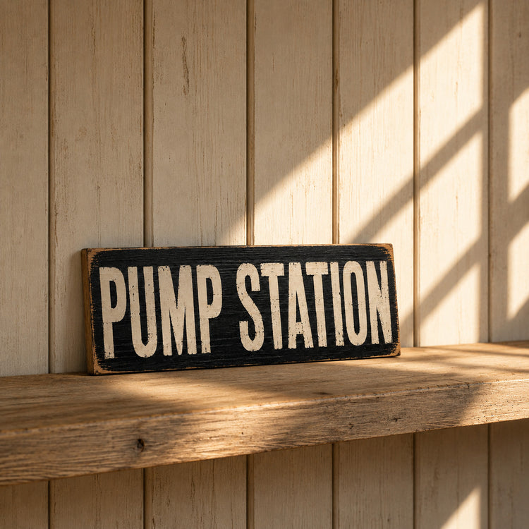Pump Station Industrial Style Wooden Sign Vintage Railway Steam Engine 28cm