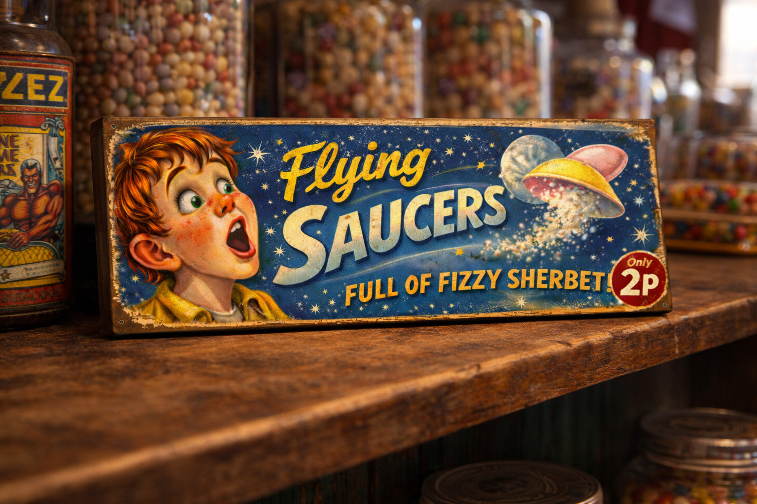 Flying Saucers Sign Vintage Sweet shop signs wooden advertising Retro Signs