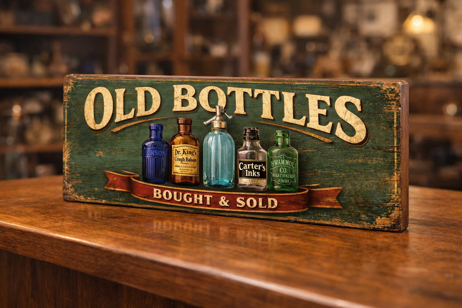 Old Bottles Sign Bottle vintage style antique OLD BOTTLES collector 28cm wooden