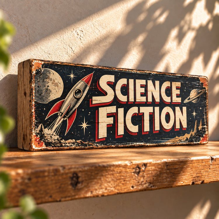 Science Fiction Book Sign Library Vintage Style Wooden Sign Bookshop Reading
