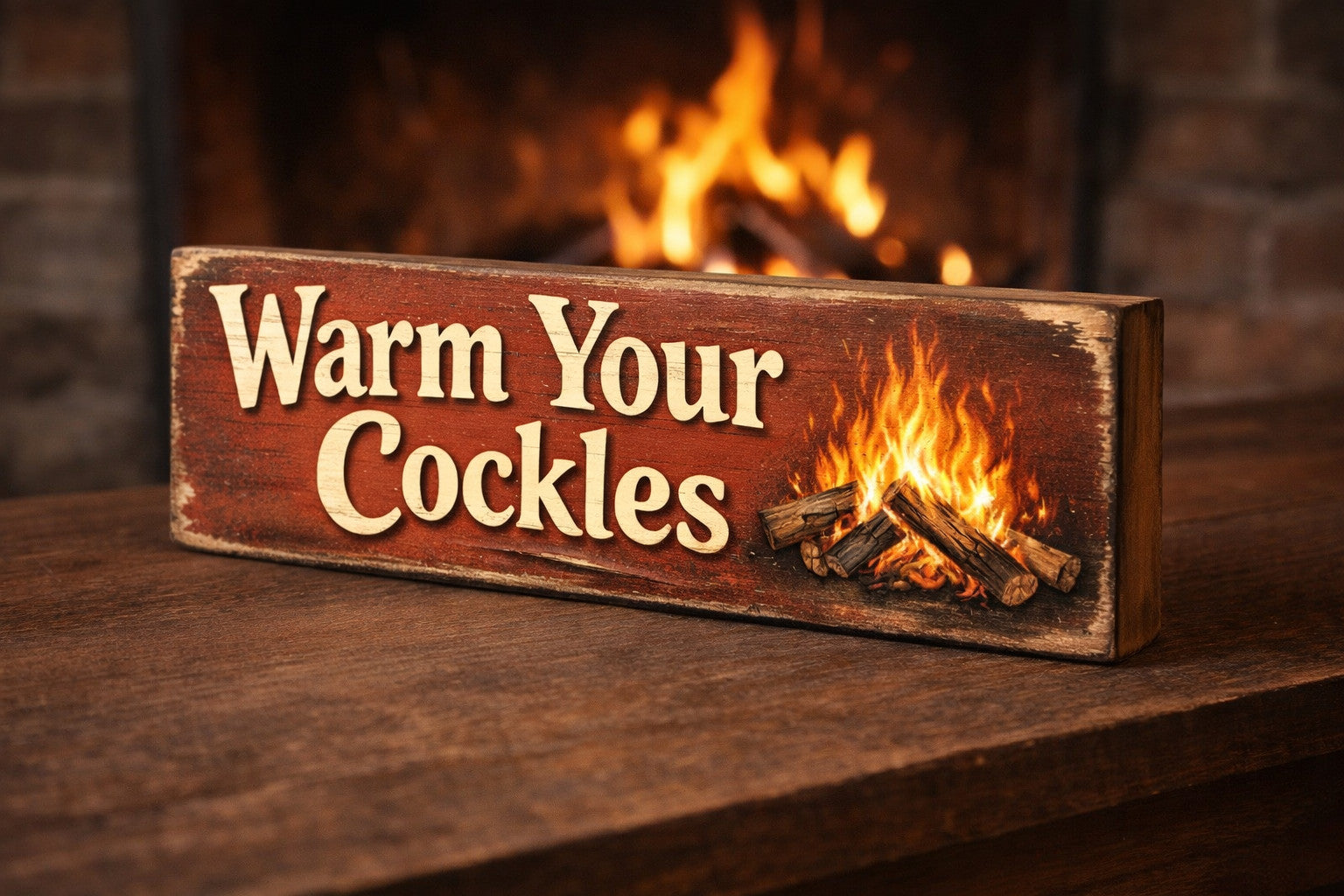 Warm your Cockles sign vintage style wooden cosy fireplace stove wood burner