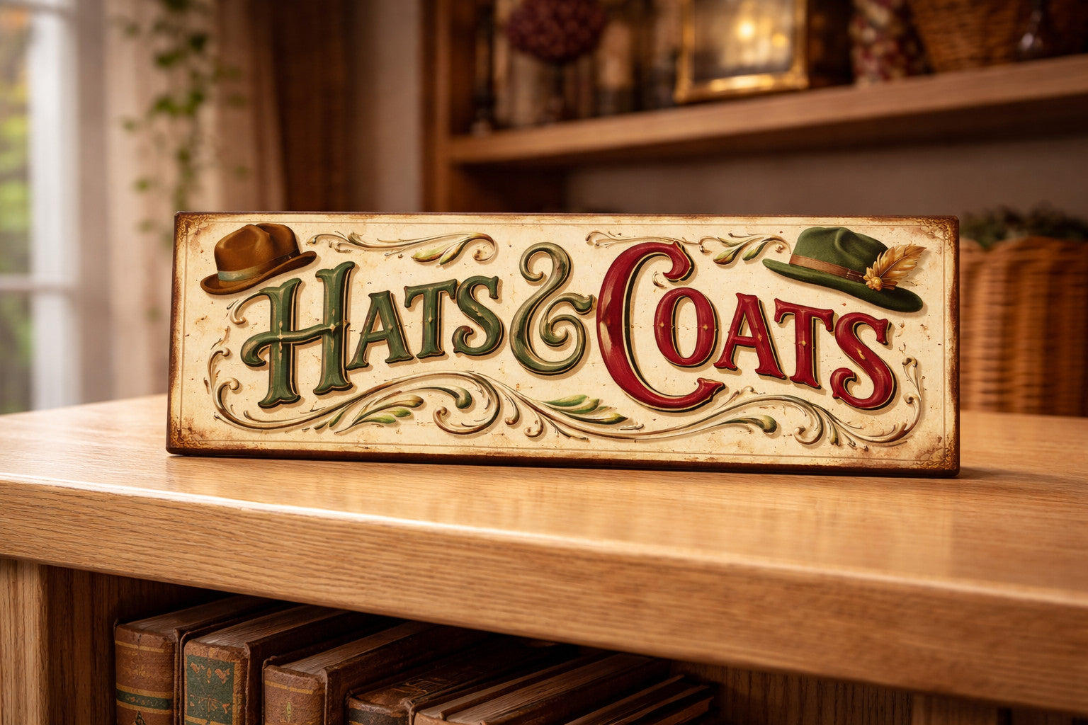 Hats and coats sign cloakroom WC vintage style signs wooden 28cm cosy room