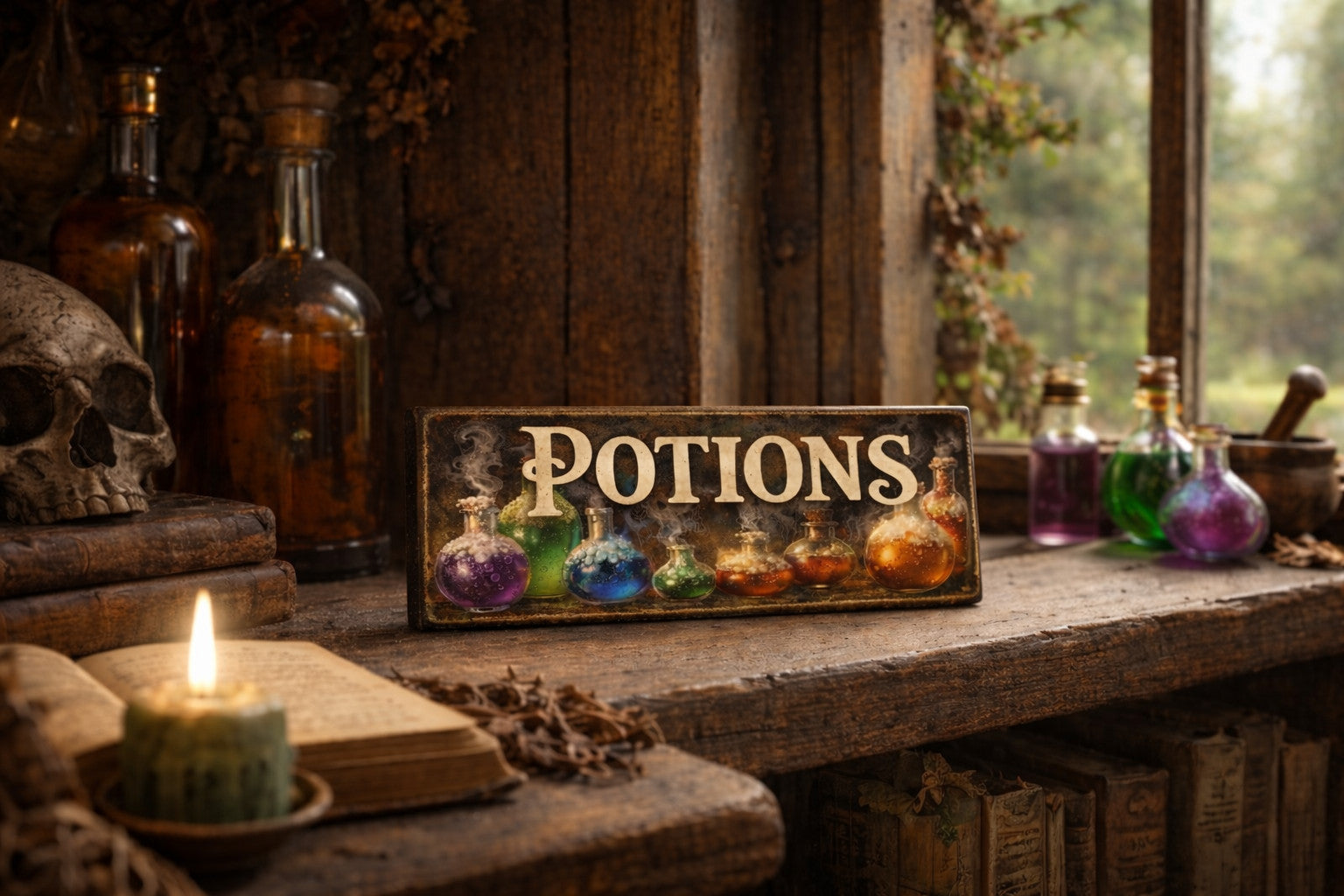 Potions sign vintage style wooden witchcraft spells 28cm witchery wizard
