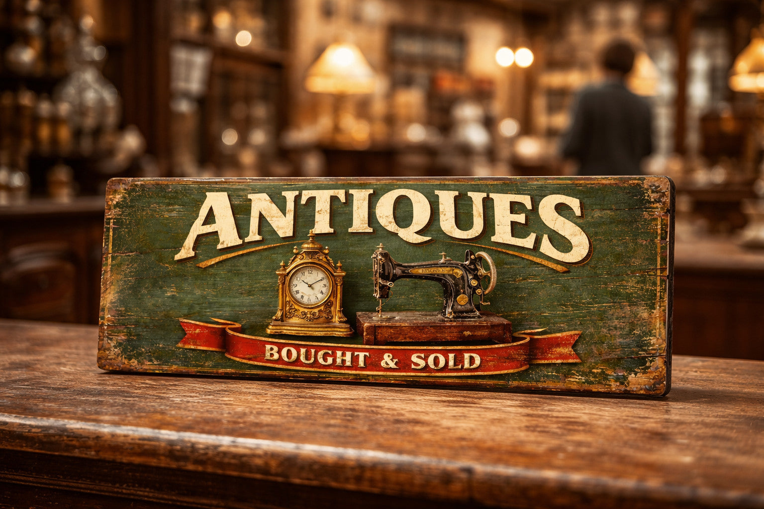 Antiques Sign vintage style antique Bought & Sold 28cm wooden Shop Window