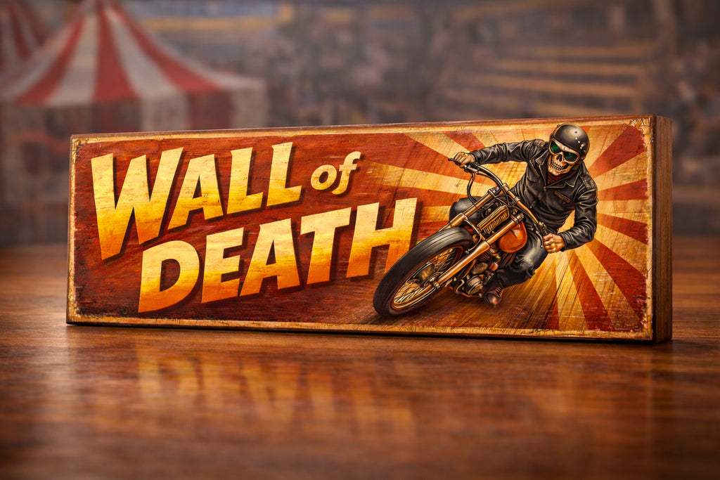 Wall of Death Motorcycle Sign – Retro Daredevil Carnival 28cm REAL WOOD