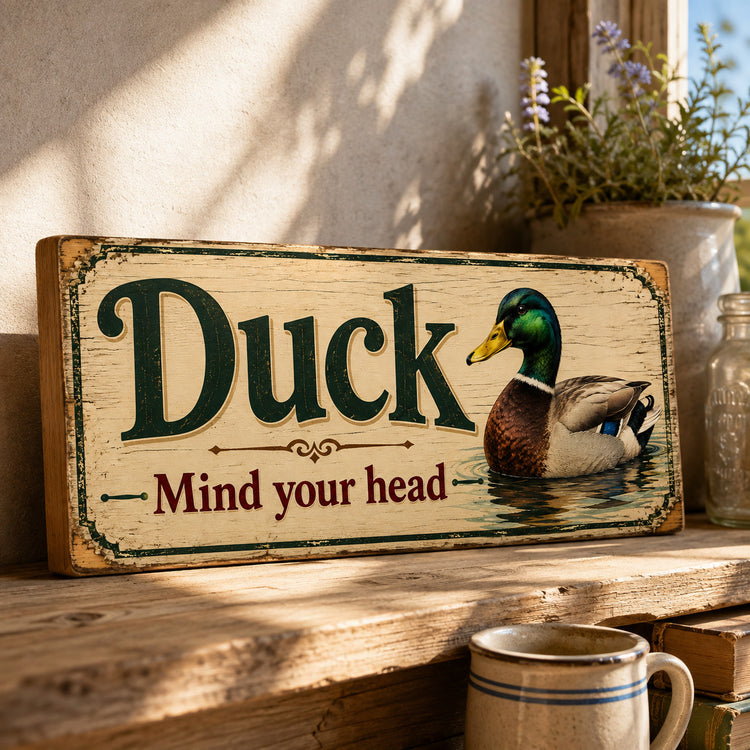 Duck Sign Mind Your Head Wooden Warning Doorway Sign DUCK Vintage Style 28cm